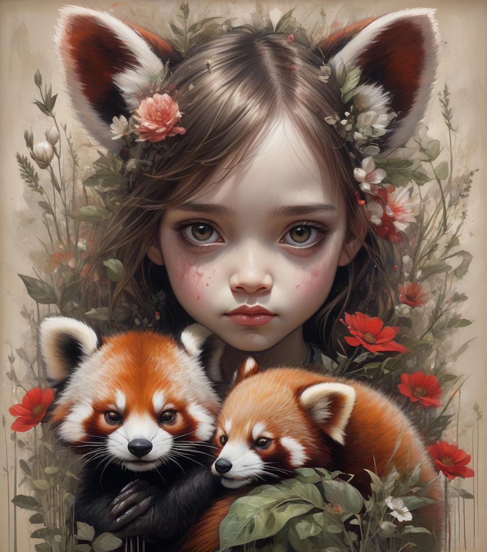  collage, mixed media, very realistic, 2 exposures, a combination of the styles of mark ryden and jean baptiste monge combined with the bold expression of russ mills, by tolira, canvas, impasto, acrylic, portrait (1) cute girl holding her red panda, with very detailed eyes, there are elements cut out of velvet cardboard: flowers, meadow grass, cotton clouds, ash, sunbeam, sea surf, 32k, ultra high detail, artstation, by to🐞lira