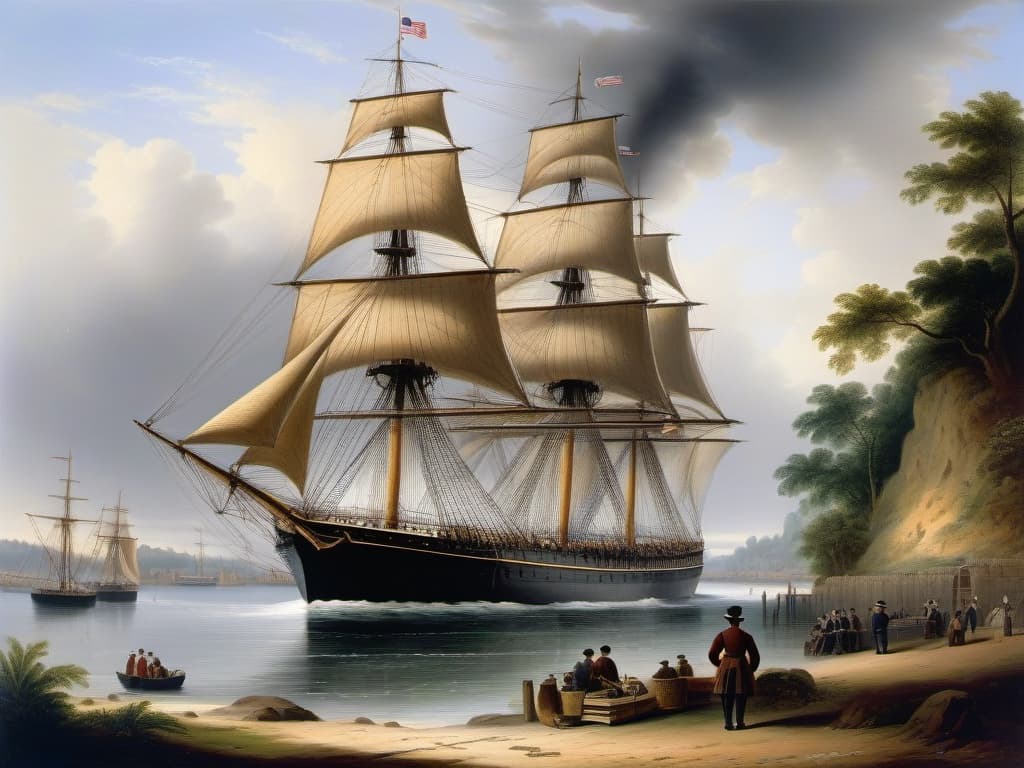  the cutty sark sails out of an english harbour in 1871, several small ships anchored in the harbour, people on the piers and in the harbour, painting, 1820, high quality, realistic image