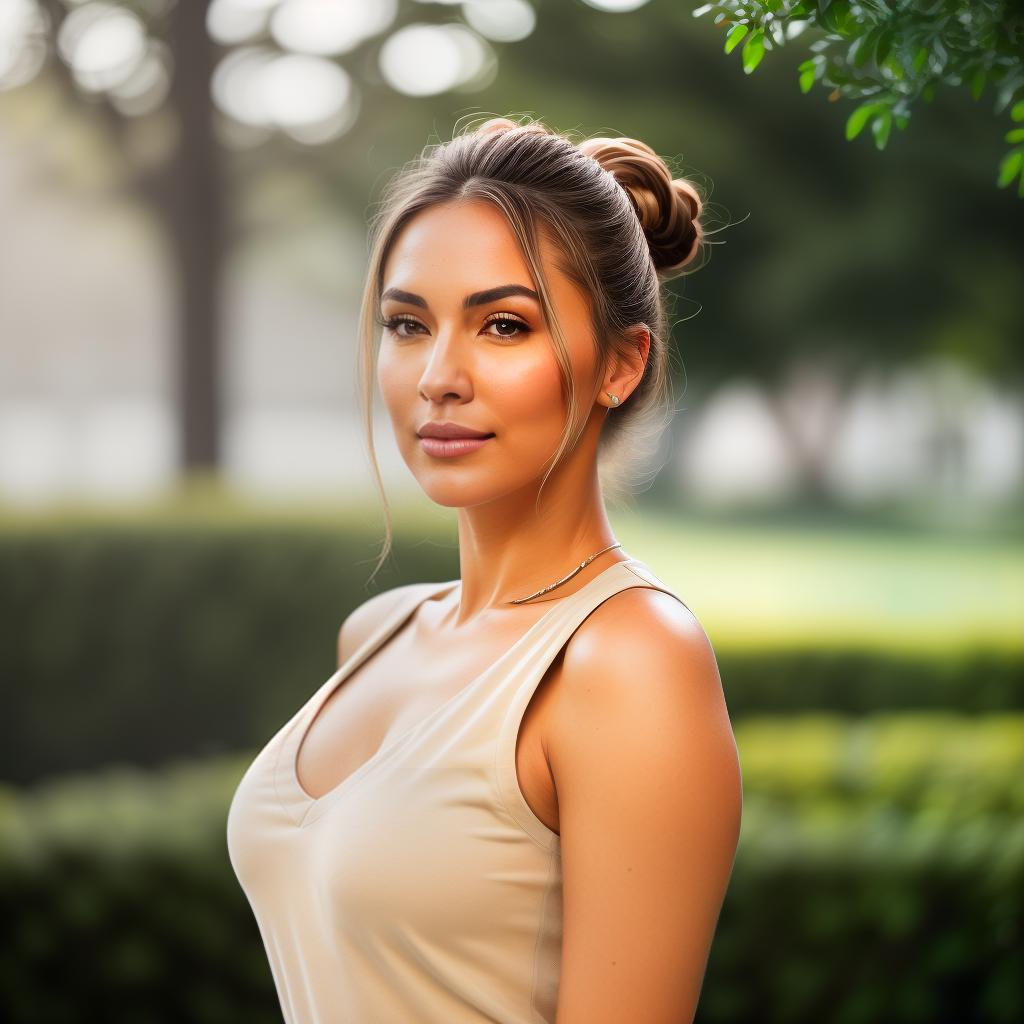  (((realistic full torso frontal head shot of a light beige to medium tan skin tone woman))), beatrice nina jung, ((caucasian heritage)), immature face, brown eye color, ((bun hair style)), ((blonde hair color)), (( body type)), medium size, small size, (immature wide nose), (immature round cheeks), (immature soft jawline), (immature full lips), (immature medium forehead), (immature even eyebrows), (immature dimpled chin), standing straight looking directly into the camera,((wearing fitted polo shirt with deep v neck and monogrammed pocket)), backyard in background, 1girl, best quality, highest quality, award winning photo, masterpiece, raw, professional photography, photorealism, sharp focus, cinematic, high resolutio hyperrealistic, full body, detailed clothing, highly detailed, cinematic lighting, stunningly beautiful, intricate, sharp focus, f/1. 8, 85mm, (centered image composition), (professionally color graded), ((bright soft diffused light)), volumetric fog, trending on instagram, trending on tumblr, HDR 4K, 8K