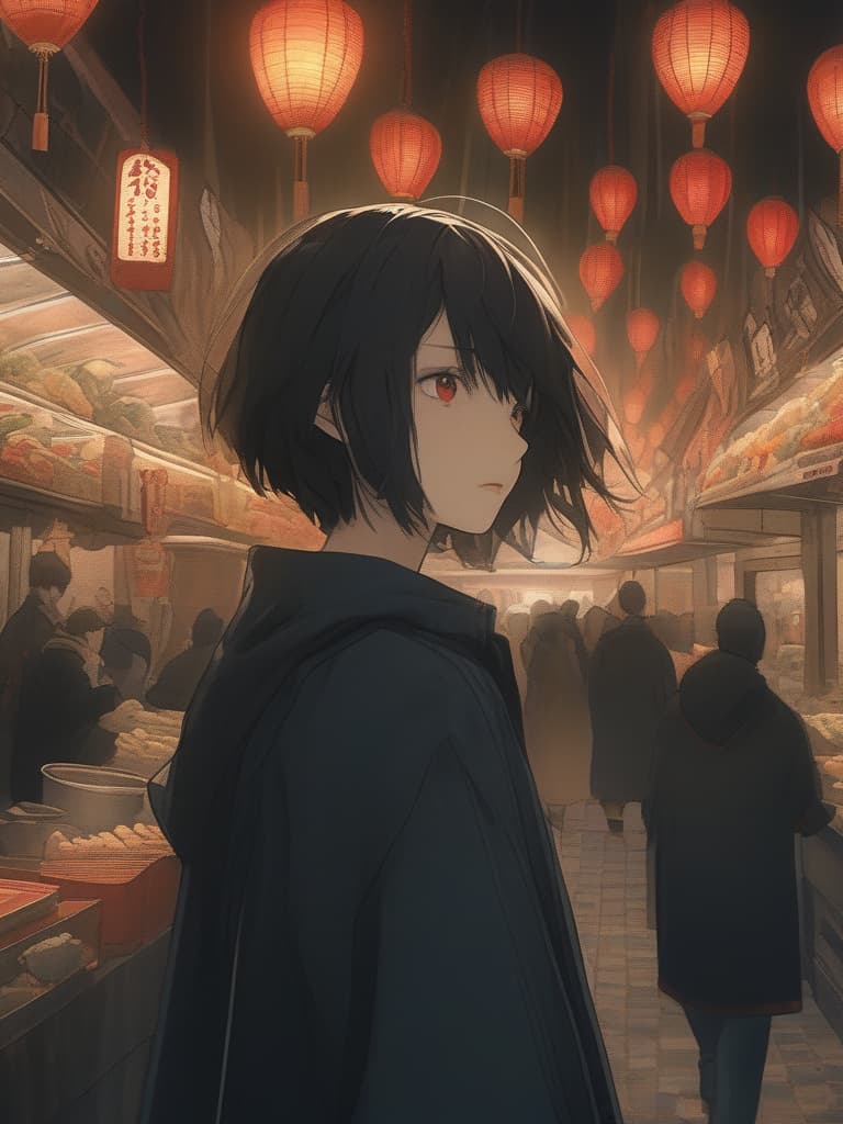  cool, black hair, expressionless, red eyes, short hair, men, food clothes, masterpiece, best quality,8k,ultra detailed,high resolution,an extremely delicate and beautiful,hyper detail