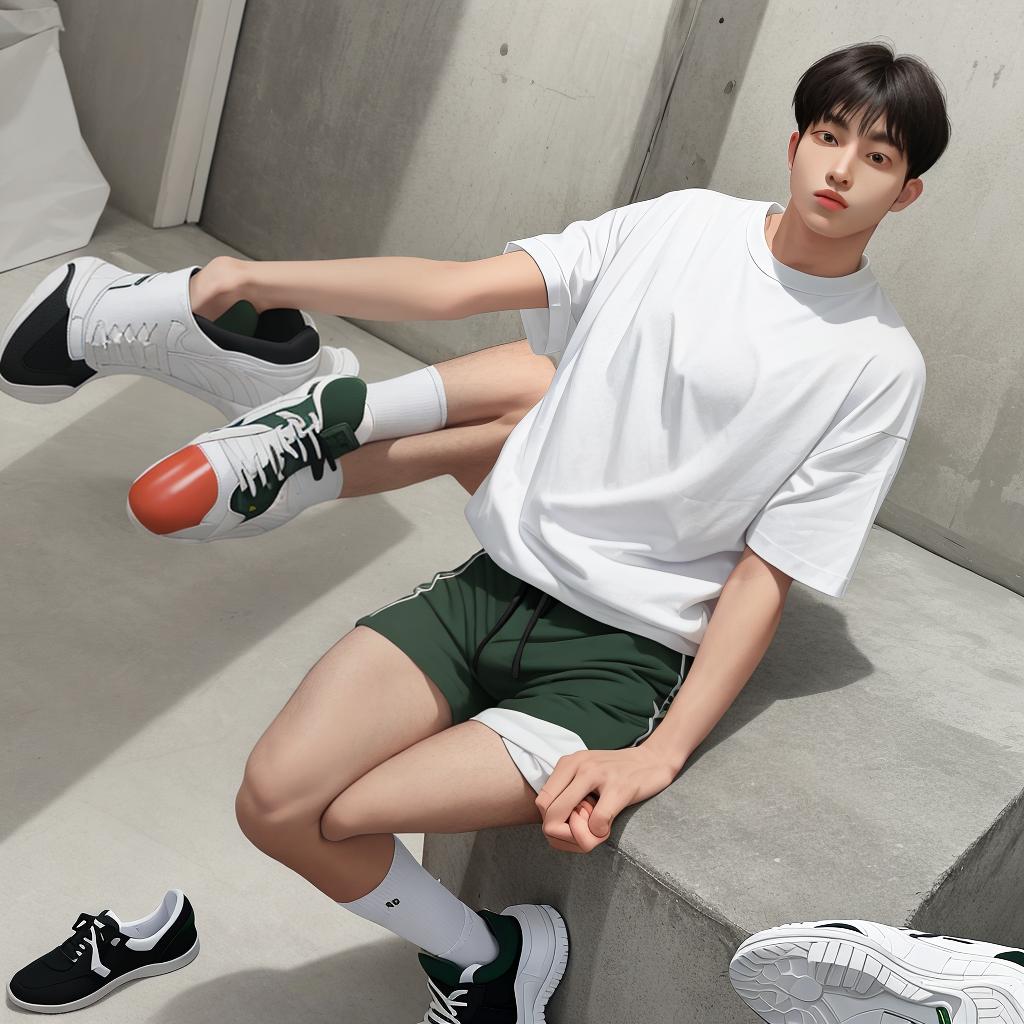  masterpiece, best quality,Man wearing white oversized t-shirt + military green shorts + long white socks and black sneakers.,