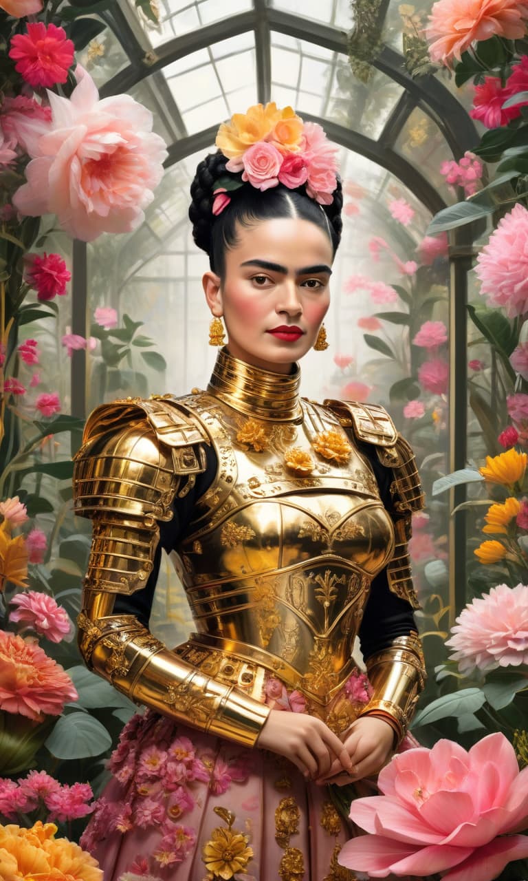  concept art color pink, white, black, gold greenhouse frida kahlo in gold armor many flowers . digital artwork, illustrative, painterly, matte painting, highly detailed, perfect hands