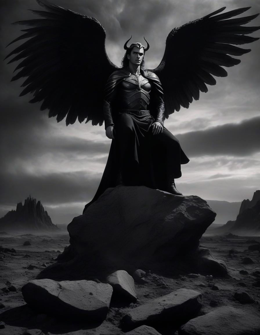  film noir style kneeling lucifer, with broken wings, with white skin, in black armor, in a black crown, with black obsidian eyes, looks up, fiery tears flow from his eyes, stands on a rock in the middle of a gray wasteland, looks into the fiery sky, broken sword. . monochrome, high contrast, dramatic shadows, 1940s style, mysterious, cinematic