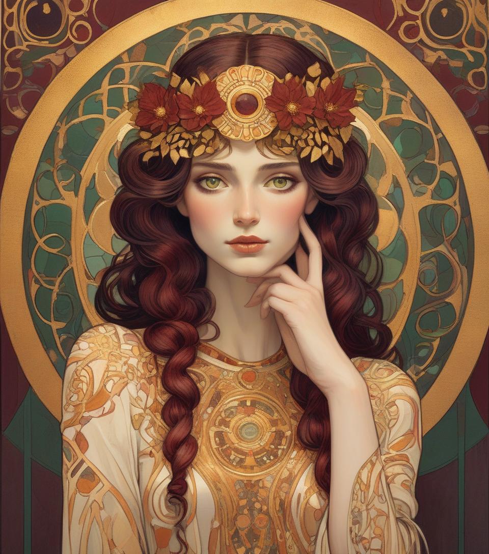  an illustration of a woman with a decorative halo, reminiscent of art nouveau style, featuring intricate patterns and gold accents. beautiful portrait. colors kale, gold, rust, burgundy, black. an illustration of a woman with hazel eyes, a decorative metallic gold halo, reminiscent of art nouveau style, featuring intricate patterns and gilded accents, created in the detailed painting technique reminiscent of the style of gustav klimt's work.