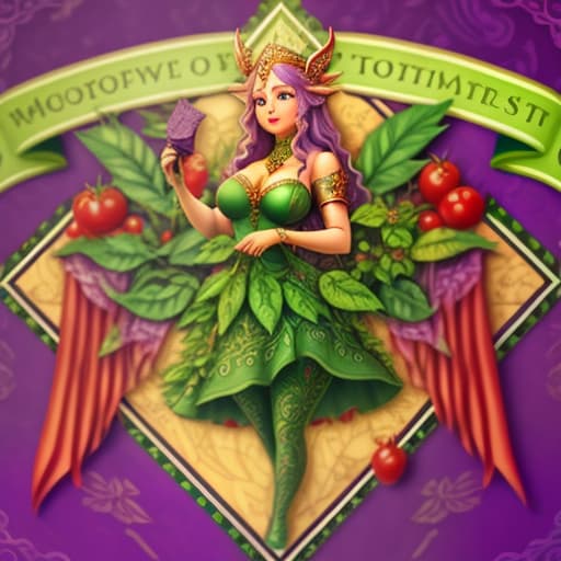  Goddess Freya in a purple dress shows her tomatoes., Overland fantasy woodland map, such as a map, a font that is modern and easy to read hyperrealistic, full body, detailed clothing, highly detailed, cinematic lighting, stunningly beautiful, intricate, sharp focus, f/1. 8, 85mm, (centered image composition), (professionally color graded), ((bright soft diffused light)), volumetric fog, trending on instagram, trending on tumblr, HDR 4K, 8K