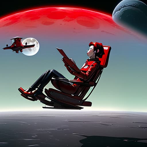  3 red chairs in zero gravity hover over the moon in the background of planet earth