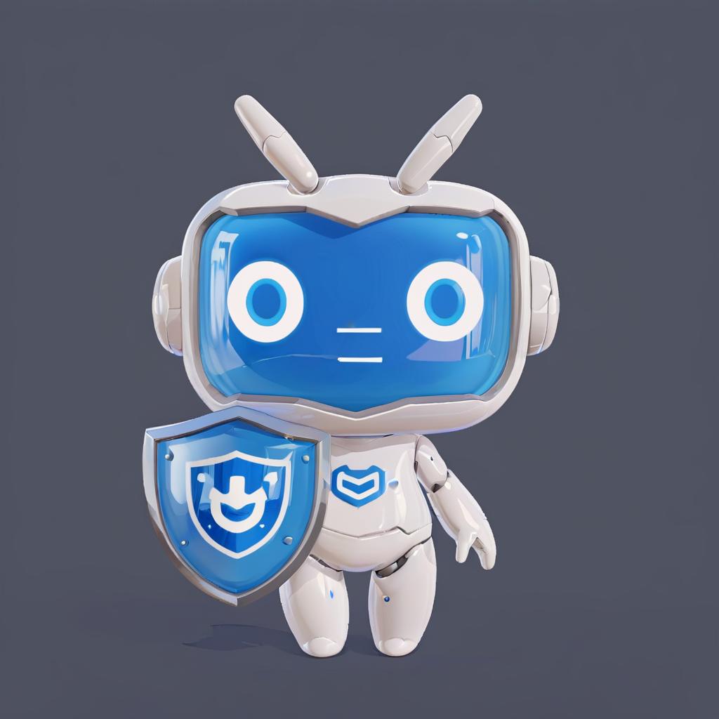  a white cute robot with blue face take a blue shield,a clean and crisp anime illustration with bold outlines, smooth shading,cell shaded, crisp ,flat colors, and a minimalistic background.