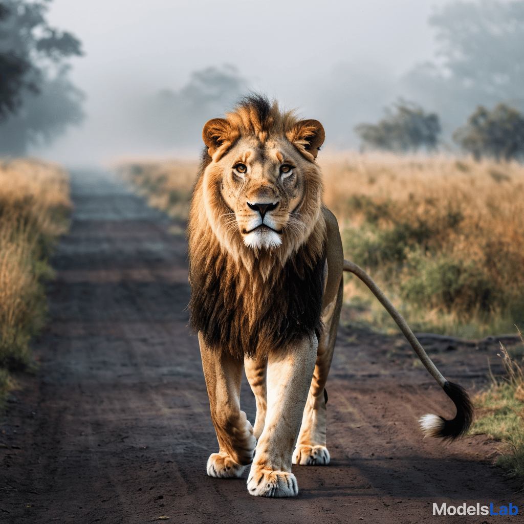  lion speed hyperrealistic, full body, detailed clothing, highly detailed, cinematic lighting, stunningly beautiful, intricate, sharp focus, f/1. 8, 85mm, (centered image composition), (professionally color graded), ((bright soft diffused light)), volumetric fog, trending on instagram, trending on tumblr, HDR 4K, 8K