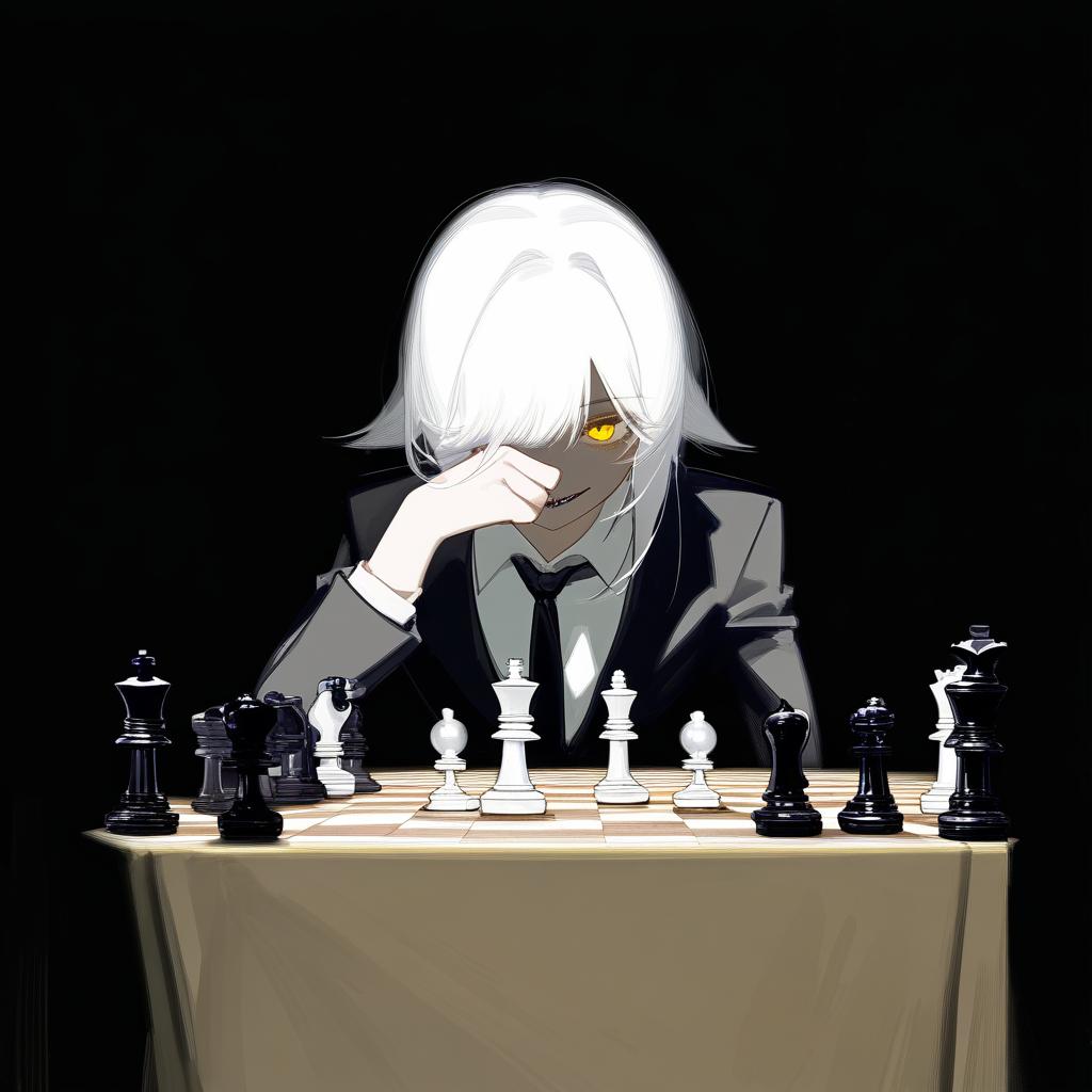  white hair anime woman with shadows hiding face, sitting in front of a table with a chess set on it,an evil smile on her face and only small hint of a singular yellow eye is visible, leaning on one hand with arrogance, black suit, black tie . best quality, high resolution