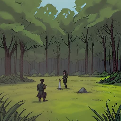  draw a scene from the fantasy world comic book, forest clearing, general stage. training ground. a field near the house. 1f. a with dark short hair tries to lift a small stone. there's a man standing next to him, watching.