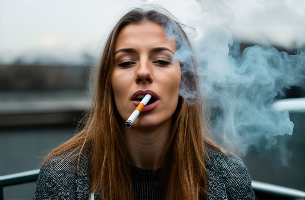  professional detailed photography, a with a cigarette blows smoke out of her mouth ar 3:2, (muted colors, dim colors, soothing tones), (vsco:0.3)