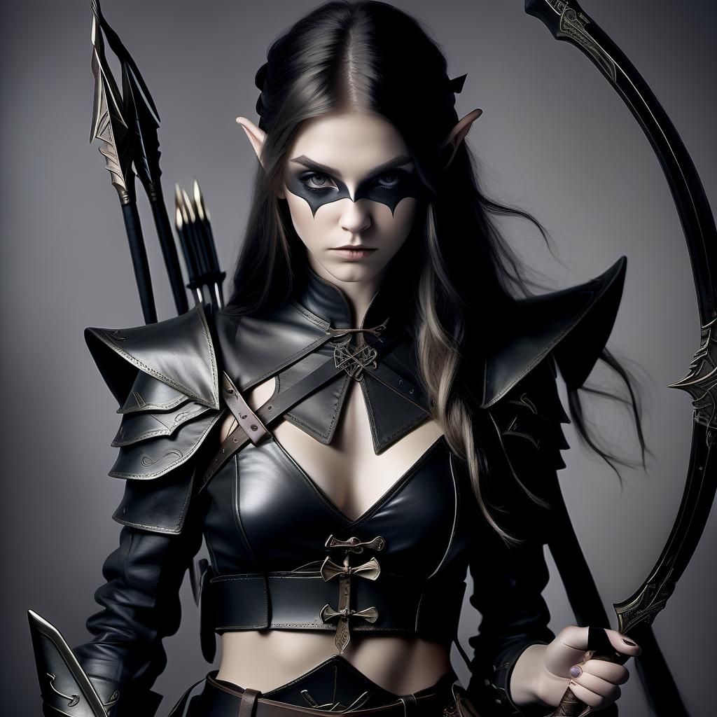  the girl is an elf, a crook, dressed in light leather armor, a black bandage hides her eyes, her hair is black, naughty, shoulder long, behind her a short bow and a quiver with arrows, a short sword on her belt