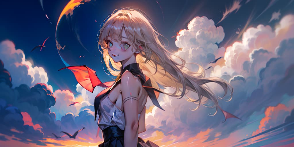  <lora:silhouette:1>, silhouette, solo, cloudy sky, beautiful sunset, stunning background, (upper body:1.2), highly detailed, masterpiece, best quality, solo, pale, thin, shy dark yellow eyes, blonde long curvy hair, faint scars, thigh high heels, skirt, demon wings, tattoos, envious, crazy smile, throne