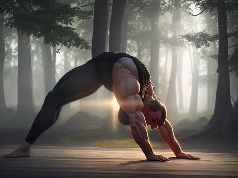  a professional and experienced male yoga teacher. it stands in a clearing. around him, his students perform the adho mukha svanasana pose. hyperrealistic, full body, detailed clothing, highly detailed, cinematic lighting, stunningly beautiful, intricate, sharp focus, f/1. 8, 85mm, (centered image composition), (professionally color graded), ((bright soft diffused light)), volumetric fog, trending on instagram, trending on tumblr, HDR 4K, 8K