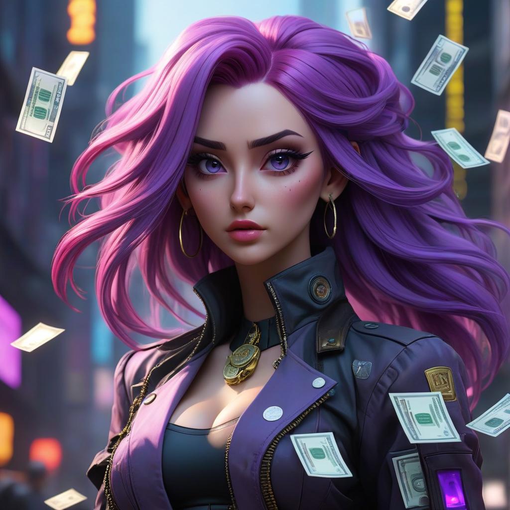  cyberpunk game style a girl with purple hair, money in her hands, money falling from the sky, full length, long hair, anime . neon, dystopian, futuristic, digital, vibrant, detailed, high contrast, reminiscent of cyberpunk genre video games hyperrealistic, full body, detailed clothing, highly detailed, cinematic lighting, stunningly beautiful, intricate, sharp focus, f/1. 8, 85mm, (centered image composition), (professionally color graded), ((bright soft diffused light)), volumetric fog, trending on instagram, trending on tumblr, HDR 4K, 8K