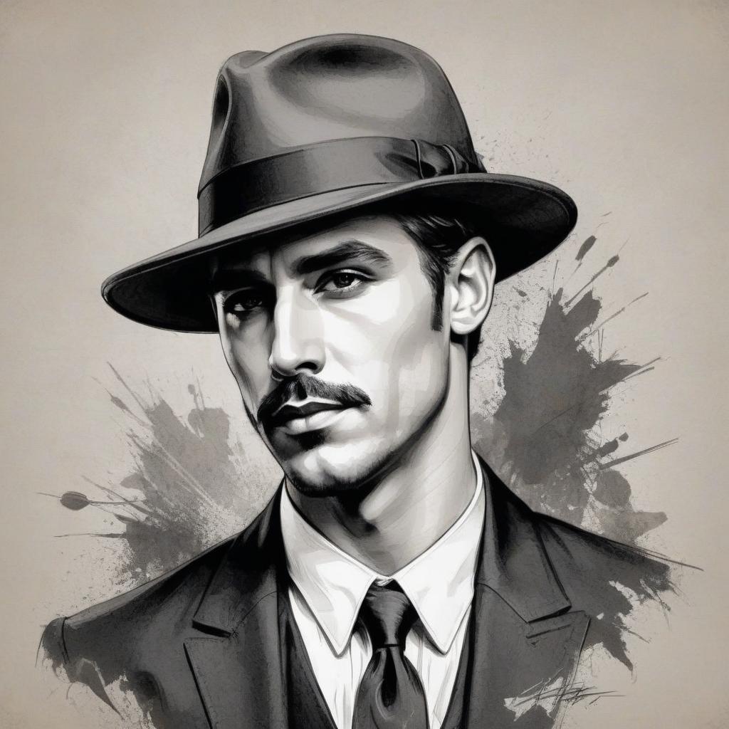  line art drawing portrait of a gloomy gangster, harrison fisher, drawing in chalk, black pencil on textured paper, intricate details . professional, sleek, modern, minimalist, graphic, line art, vector graphics