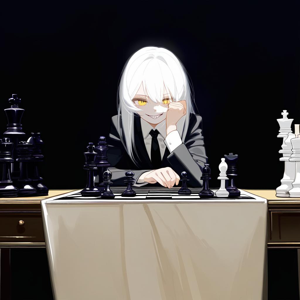  white hair anime woman with shadows concealing face, sitting in front of a table with a chess set on it,an evil empty white teeth smile on her face and only a hardly visible singular yellow eye, leaning on one hand with arrogance, black suit, black tie . best quality, high resolution