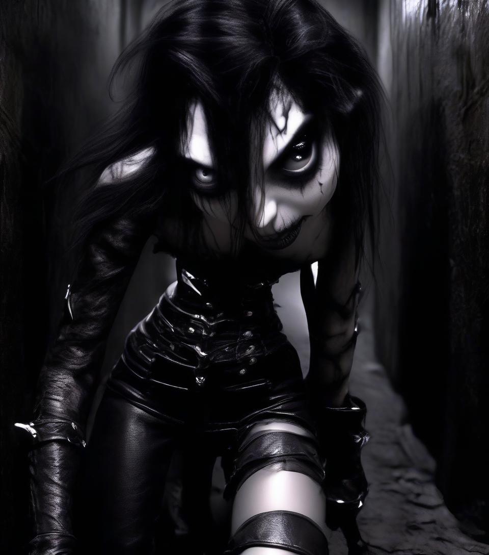  macabre style dark fantasy. a very thin girl elf thief fighter with white alabaster skin, with black straight hair, in a leather black and white open corset, in black leather pants, in wrists. in the dark hallway. long range. beautiful eyes in a dark carcass. . dark, gothic, grim, haunting, highly detailed, hkmagic