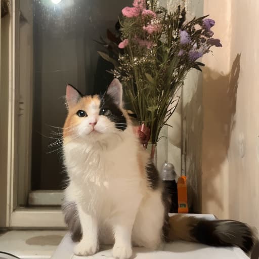  One three colored cat sits in front of a bouquet of flowers., wildlife photography, photograph, high quality, wildlife, f 1.8, soft focus, 8k, national geographic, award winning photograph by nick nichols hyperrealistic, full body, detailed clothing, highly detailed, cinematic lighting, stunningly beautiful, intricate, sharp focus, f/1. 8, 85mm, (centered image composition), (professionally color graded), ((bright soft diffused light)), volumetric fog, trending on instagram, trending on tumblr, HDR 4K, 8K