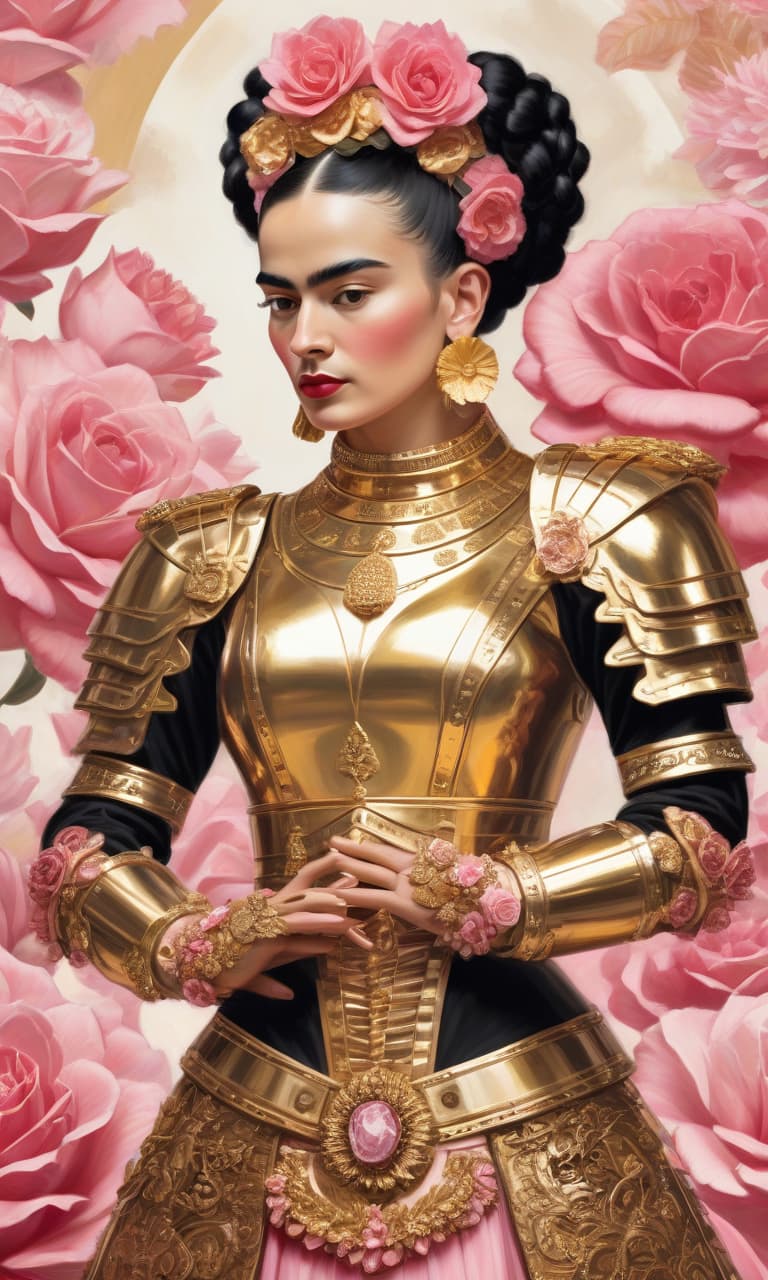  concept art color pink, white, black, gold frida kahlo to the waist in gold armor rose . digital artwork, illustrative, painterly, matte painting, highly detailed, perfect hands