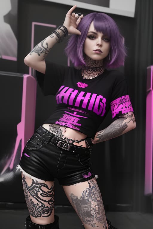  girl with purple hair, cascading bob haircut. black and pink top, tattoos on arms. bracelets, black shorts, black boots, metal rocker chick. agent