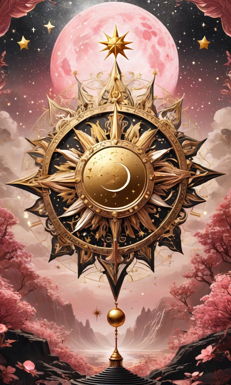  concept art pink, gold, black, white tarot wheel of fortune everywhere stars, moon, sun . digital artwork, illustrative, painterly, matte painting, highly detailed, perfect hands