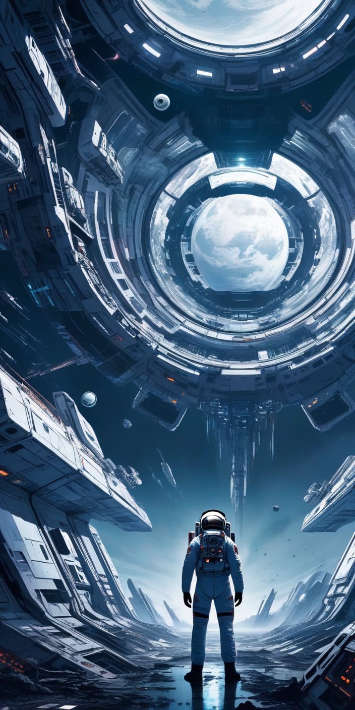  sci fi style abandoned space station, destruction, an astronaut with a weapon inspects, darkness, darkness, horror . futuristic, technological, alien worlds, space themes, advanced civilizations