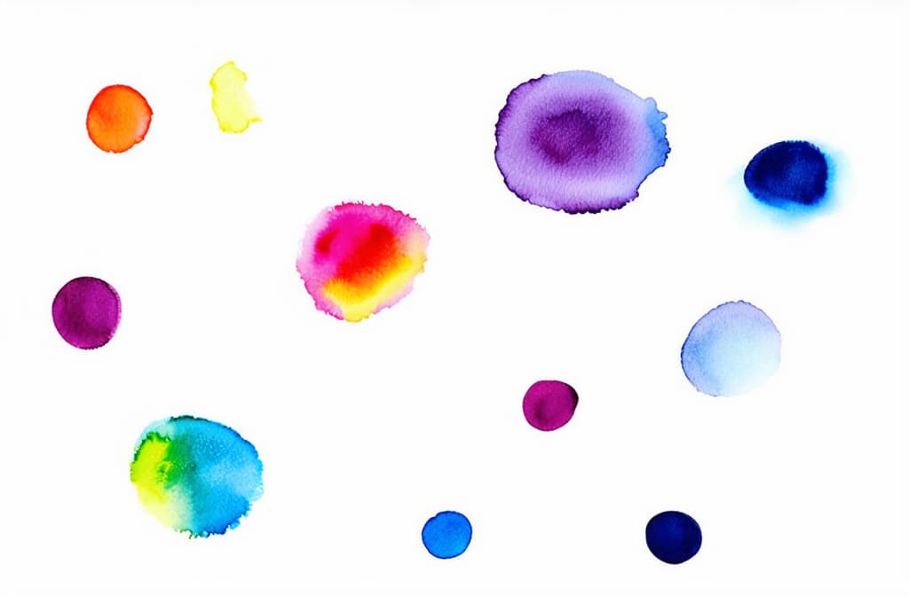  artwork set of different watercolor rainbow pearlescent spots on white background ar 3:2, watercolor techniques, featuring fluid colors, subtle gradients, transparency associated with watercolor art