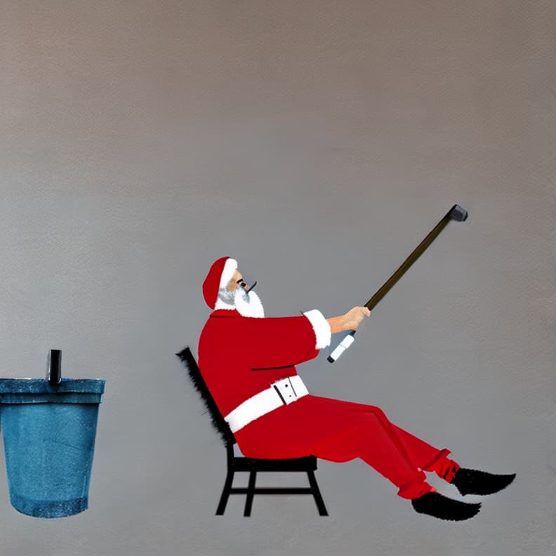  a man with a white beard mid to late 40s wearing a full red santa suit with white cuffs, black boots painting a long wall with a paint roller and an extension pole .