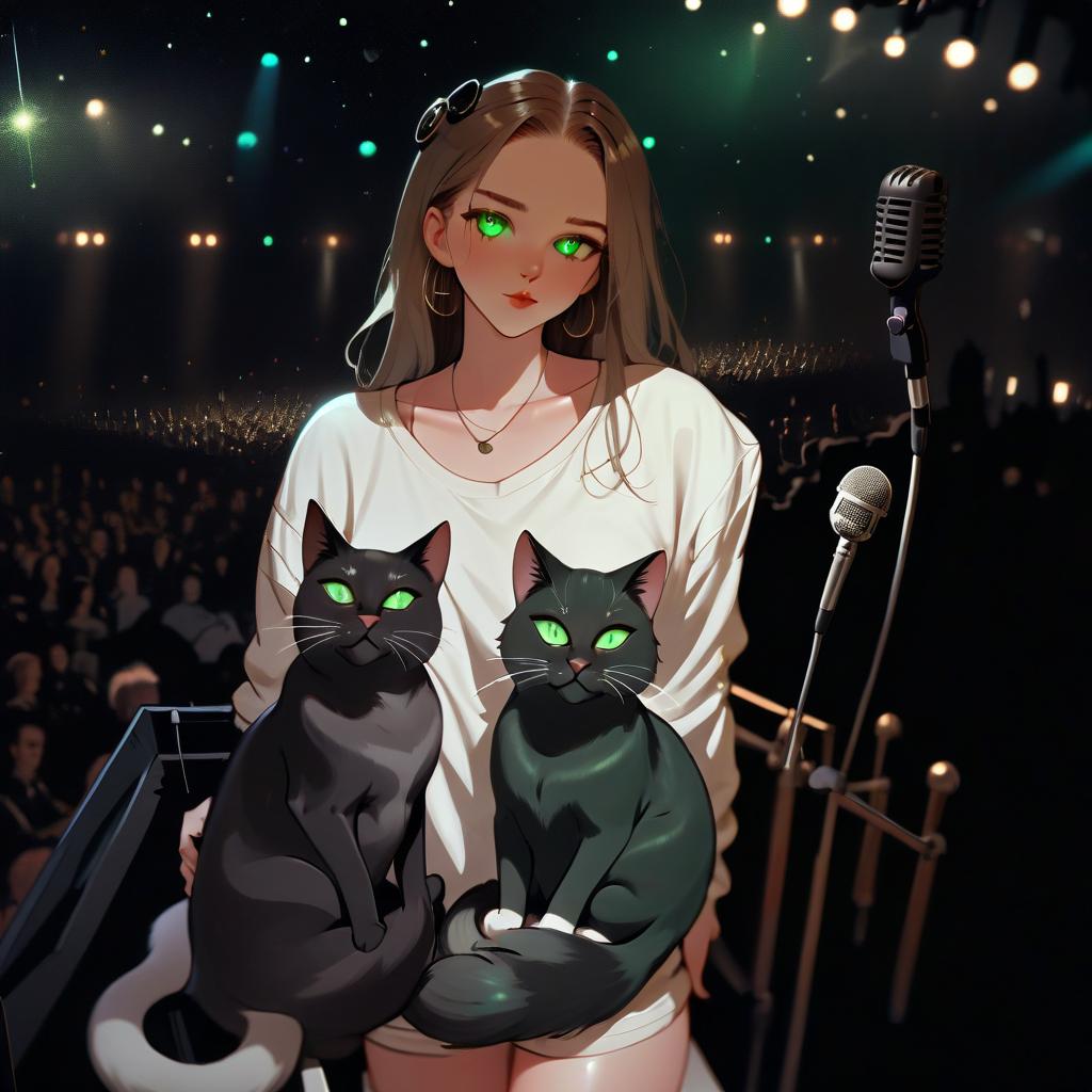  girl with dark green eyes, two cats, space, spotlights, view from the stage, microphone, music, royal grace