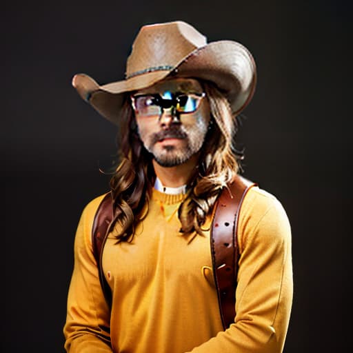 In the picture, a man in a brown cowboy hat, with light brown hair, a small beard, darkened square glasses, who has a brown cowboy hat on his head, and a sweater with a long arm on which the letter V is orange with a yellow border on the entire sweater. It is located on a retro spaceship hyperrealistic, full body, detailed clothing, highly detailed, cinematic lighting, stunningly beautiful, intricate, sharp focus, f/1. 8, 85mm, (centered image composition), (professionally color graded), ((bright soft diffused light)), volumetric fog, trending on instagram, trending on tumblr, HDR 4K, 8K