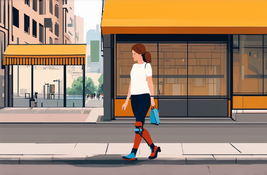  flat illustration, flaticon, (illustration:1.15), woman with prosthetic leg walking on city sidewalk. flat illustration style ar 3:2, [cory loftis, strobist, pascal campion :: 0.2]