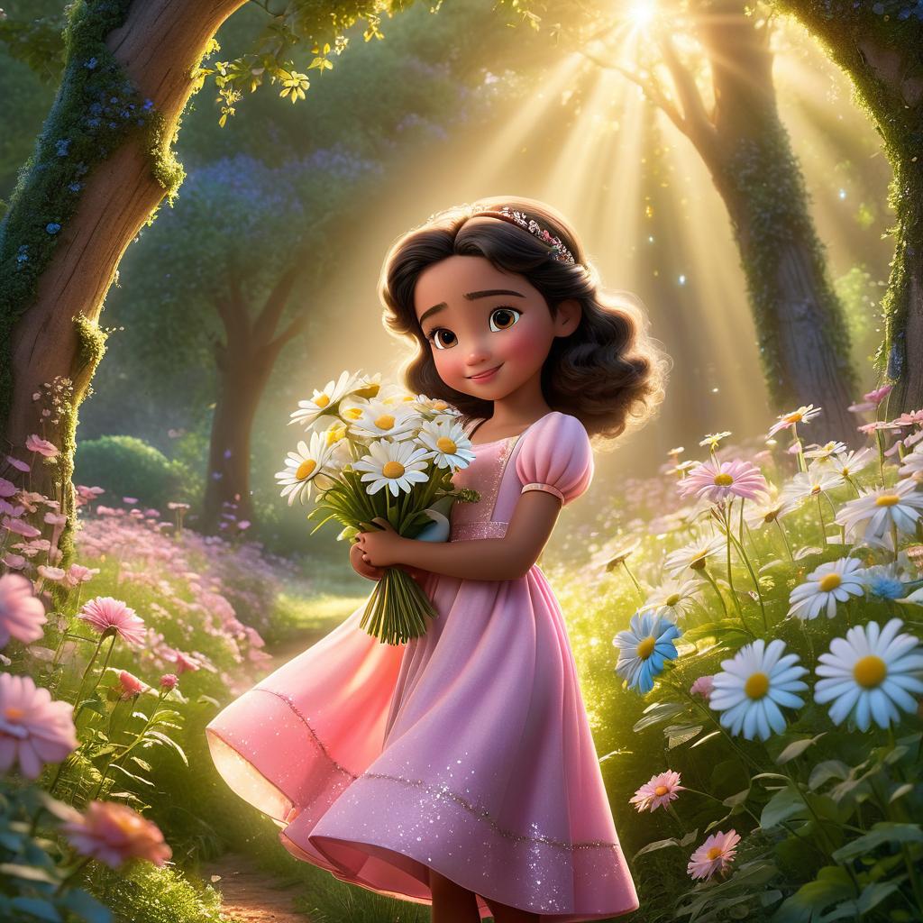  in 3d animated movie style. disney pixar style. fatima, old in a pink dress, holding daisy, a glowing doll in a blue sparkly dress, enveloped in a heartwarming moment of friendship. serene woodland clearing with soft sunlight filtering through swaying trees, creating a magical ambiance. high resolution pixar 3d animated film style, lifelike textures, detailed rendering for emotional depth. soft, warm light, pastel shades for whimsical feel. slightly elevated angle, emphasizing bond between fatima and daisy.