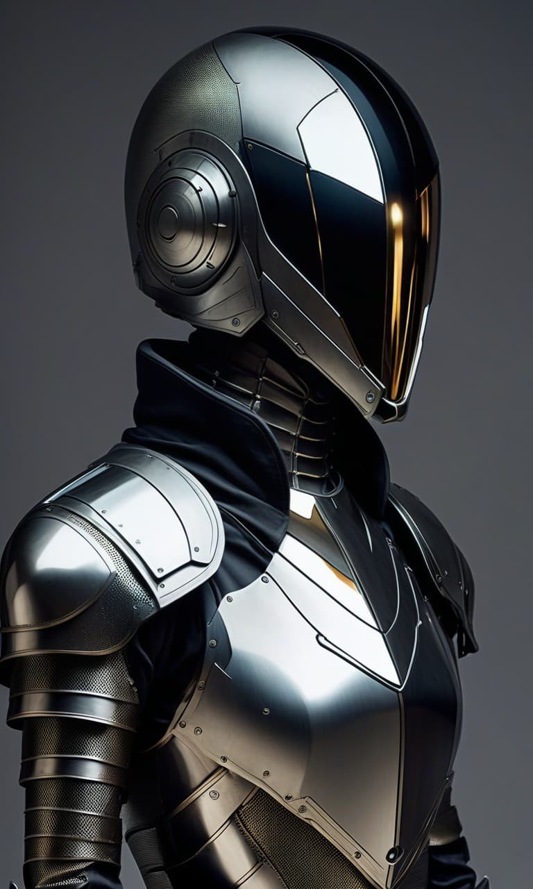  faceless androgynous droid. dressed in high tech but medieval style mirrorscale armor and sleek high tech full face helmet with mirrored visor,