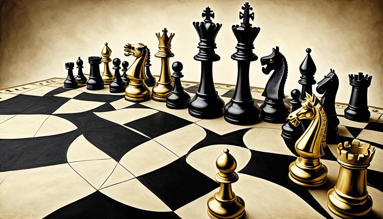  on parchment, surrealism+++, chessboard, all pieces in black and white except one golden figure, symbolizing the significant difference, strategic importance(mysterious, provocative, symbolic,muted color)+++