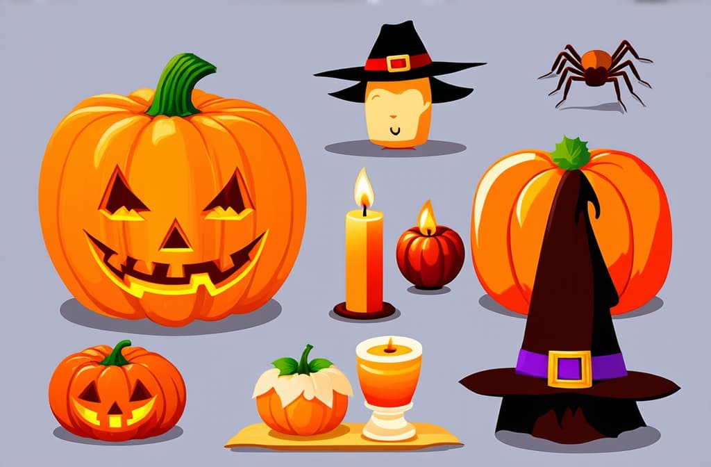  flat illustration, flaticon, (illustration:1.15), halloween icon set with pumpkin, spider, witch, candle ar 3:2, [cory loftis, strobist, pascal campion :: 0.2]