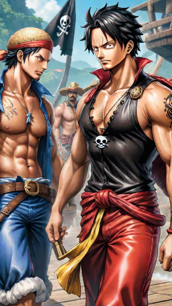  anime art: depict unseen tensions between iconic one piece characters in a thrilling pirate world. hyperrealistic, full body, detailed clothing, highly detailed, cinematic lighting, stunningly beautiful, intricate, sharp focus, f/1. 8, 85mm, (centered image composition), (professionally color graded), ((bright soft diffused light)), volumetric fog, trending on instagram, trending on tumblr, HDR 4K, 8K