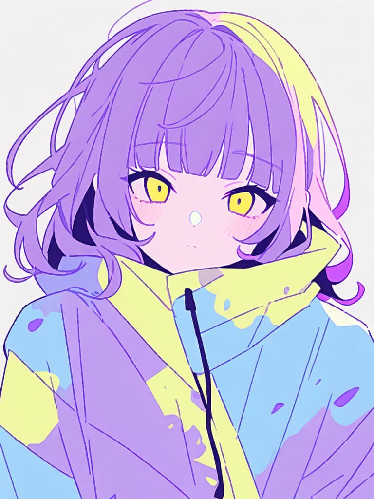  masterpiece,{((grunge splats)),((flat color))},(((solo male:1.7))),purple hair,(((shaggy bangs deeply covered:1.2))),(((limited two tone blue and yellow))),high quality