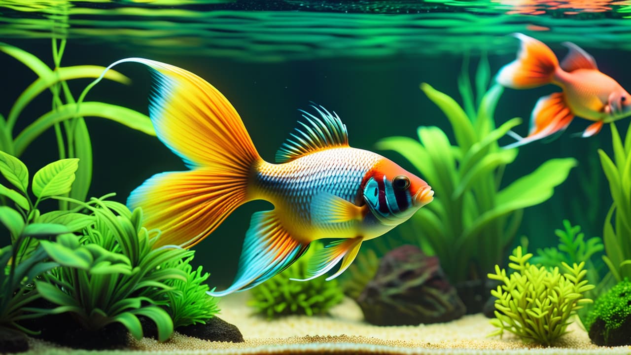  a serene aquarium scene showcasing vibrant fish swimming among lush green plants, intricate decorations, and clear water, with a close up of a fishkeeper's hands carefully adjusting the tank's filter and lighting. hyperrealistic, full body, detailed clothing, highly detailed, cinematic lighting, stunningly beautiful, intricate, sharp focus, f/1. 8, 85mm, (centered image composition), (professionally color graded), ((bright soft diffused light)), volumetric fog, trending on instagram, trending on tumblr, HDR 4K, 8K