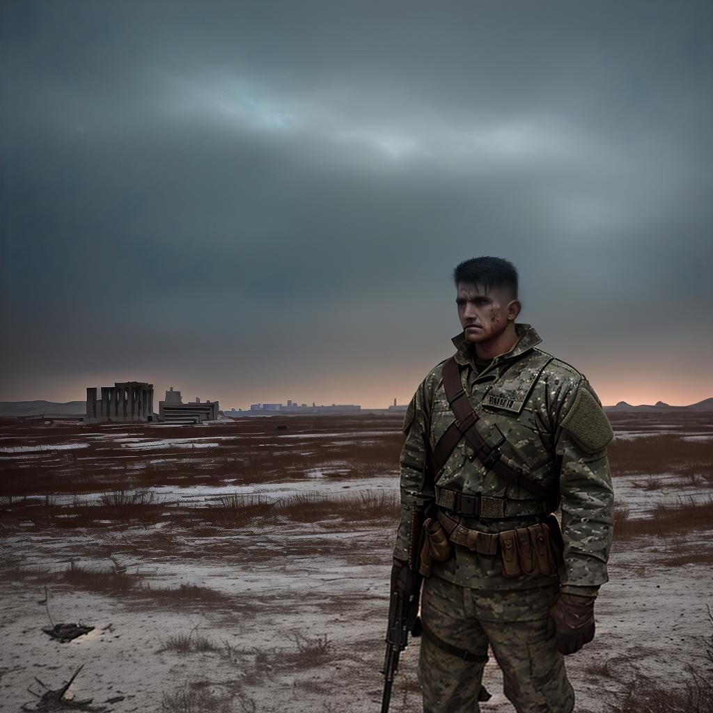  masterpiece, best quality, In the midst of a desolate landscape, a wounded soldier stands tall, his weary eyes meeting the camera with a sense of defiance. The ruins of a once thriving city loom in the background, stark against the gray sky. The atmosphere is heavy with loss and sorrow, yet there is a glimmer of hope in the soldier's resolute stance. The style is cinematic, with dramatic lighting casting deep shadows and highlighting the soldier's battle-worn features. Realization: Fujifilm Velvia 50 for vibrant colors and high contrast.