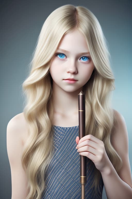  cute modern young adukt girl long wavy blonde hair blue eyes shy white skin holding a bronze sceptre epic background