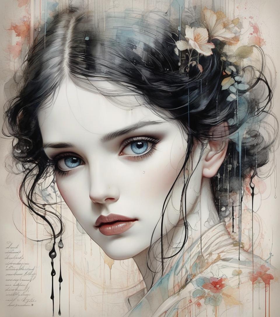  beautiful face, porcelain white, black hair, tears running down her cheek, harrison fisher and catrin welz stein, pen and ink lines, calligraphic lines, vivid colours, highly detailed