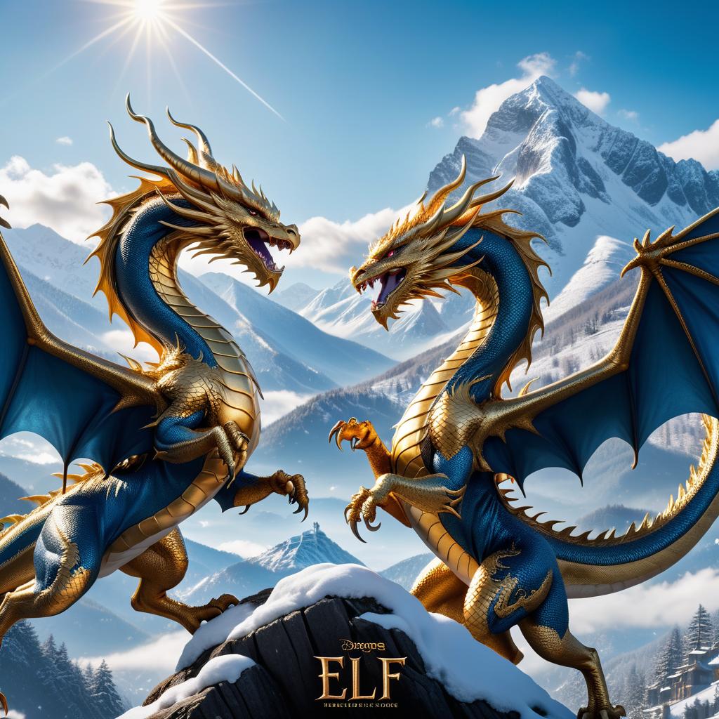  cinematic photo poster. images within frame boundaries. a golden dragon and a blue dragon fight in the sky. at the bottom of the image are mountains covered with snow. the poster says "elf manuscript." clear detail. . 35mm photograph, film, bokeh, professional, 4k, highly detailed, civitai, hkmagic