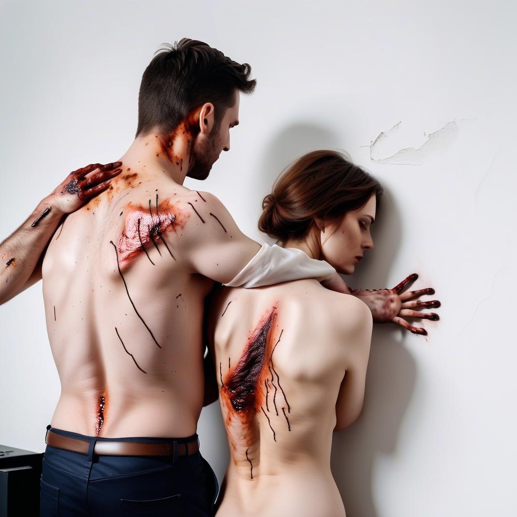  against the background of a white wall, a woman's hand reaches for the man's back, completely covered with burns and wounds