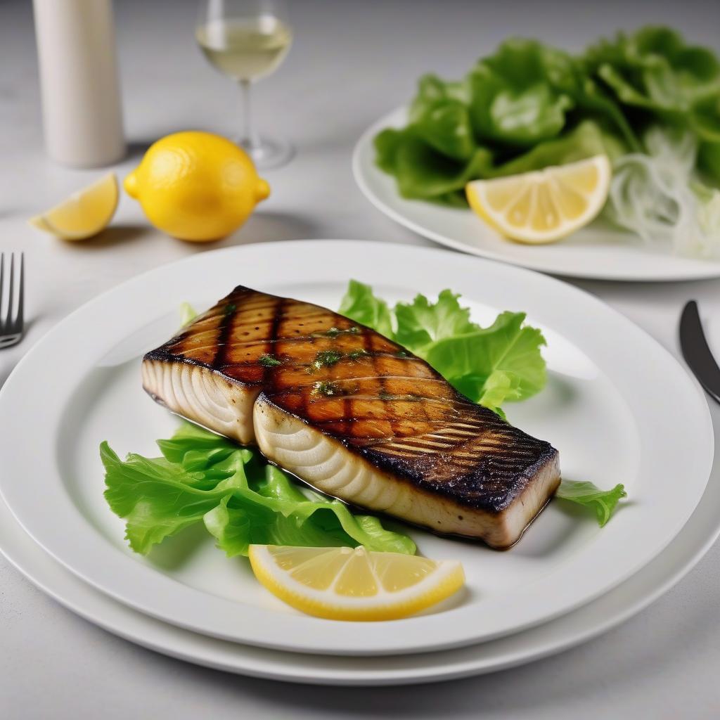  cinematic photo 1 piece of grilled mirror carp steak, lying on a white plate with a lettuce leaf and a slice of lemon. the photo is taken with a 70mm lens, the camera angle is 40 degrees. hyperrealistic photography . 35mm photograph, film, bokeh, professional, 4k, highly detailed