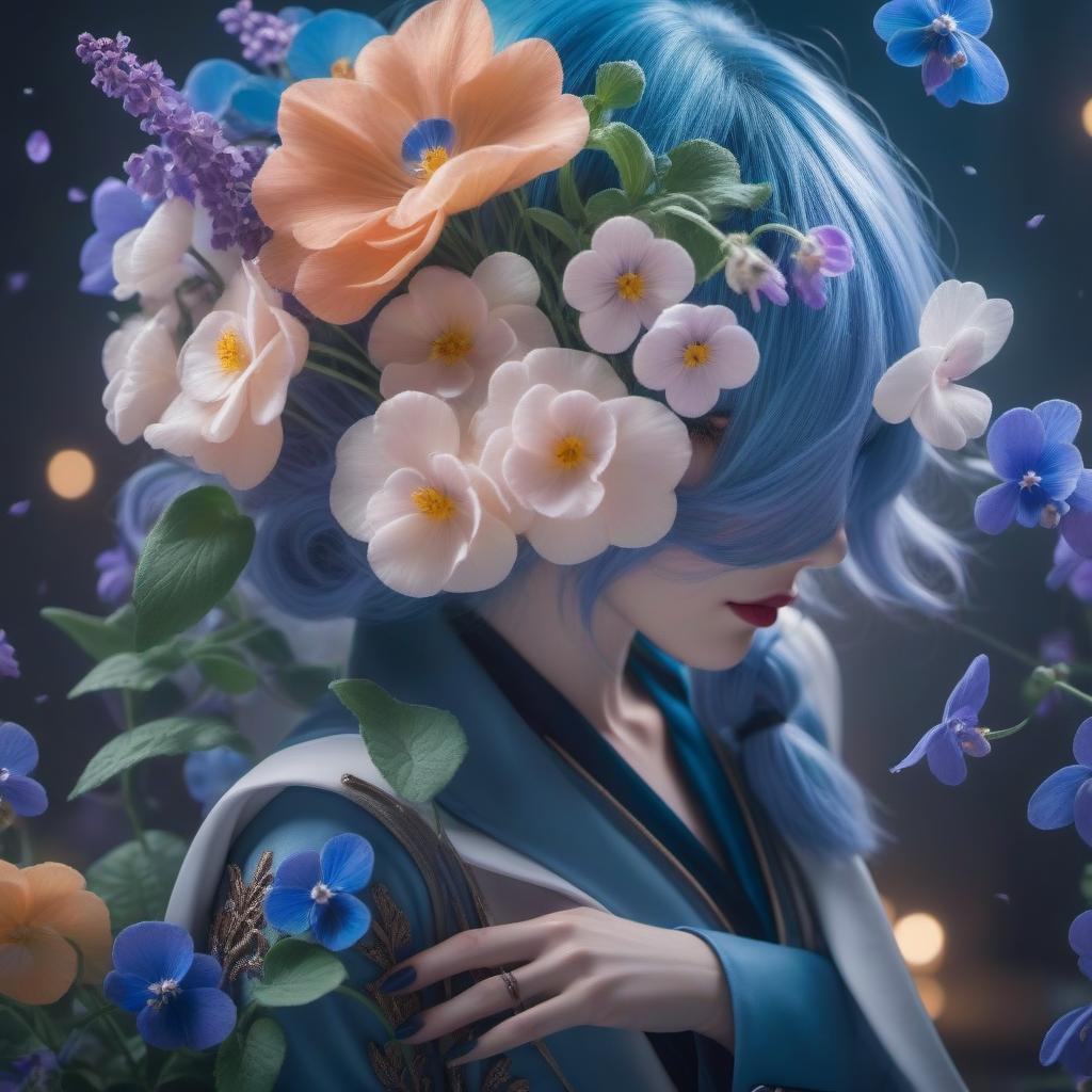  A blue-haired woman in a white coat with a bouquet of violets hyperrealistic, full body, detailed clothing, highly detailed, cinematic lighting, stunningly beautiful, intricate, sharp focus, f/1. 8, 85mm, (centered image composition), (professionally color graded), ((bright soft diffused light)), volumetric fog, trending on instagram, trending on tumblr, HDR 4K, 8K