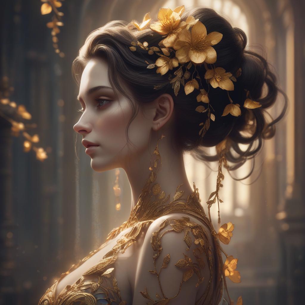  sleek, porcelain skinned woman in profile gazing upward, rich dark tresses cascade down her back, adorned with delicate golden flowers intertwined with strands, soft warm light dances across her face. sumptuous velvety textures, and ethereal atmospheric effects like those seen in 8k resolution, trending pieces on artstation, influenced by the stunningly detailed digital illustrations of anna dittmann, with the rich colors and intricate patterns reminiscent of unreal engine 5 concept art.