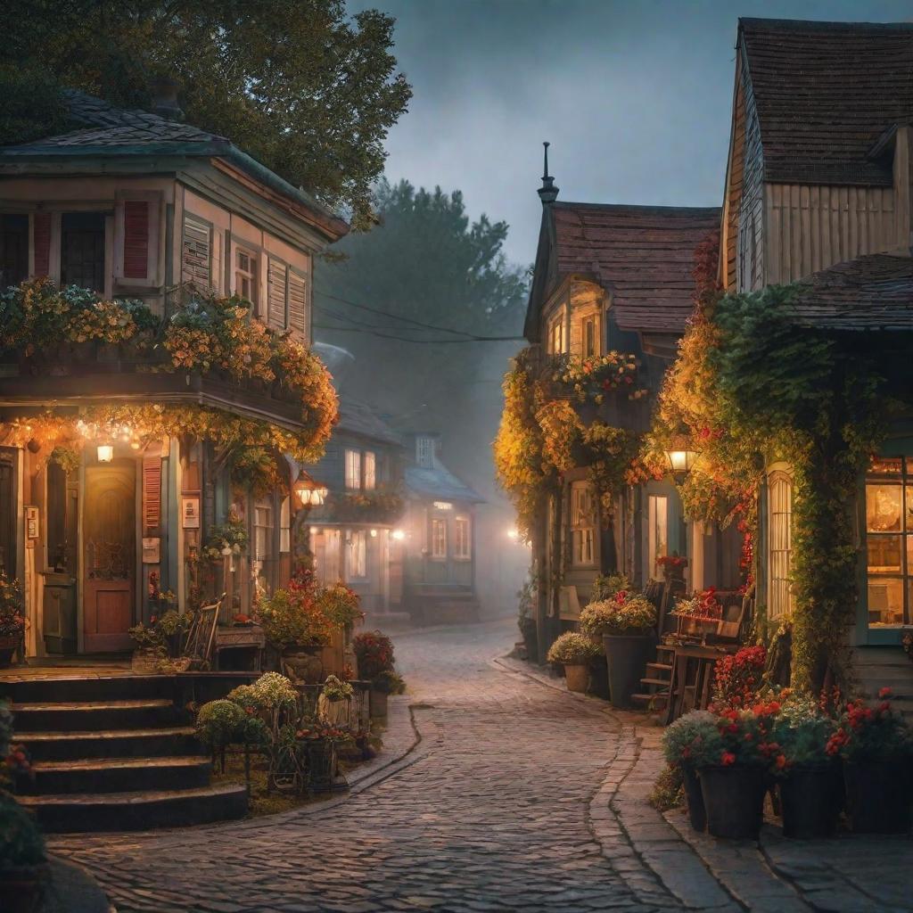  a small town with quaint houses and trees hyperrealistic, full body, detailed clothing, highly detailed, cinematic lighting, stunningly beautiful, intricate, sharp focus, f/1. 8, 85mm, (centered image composition), (professionally color graded), ((bright soft diffused light)), volumetric fog, trending on instagram, trending on tumblr, HDR 4K, 8K