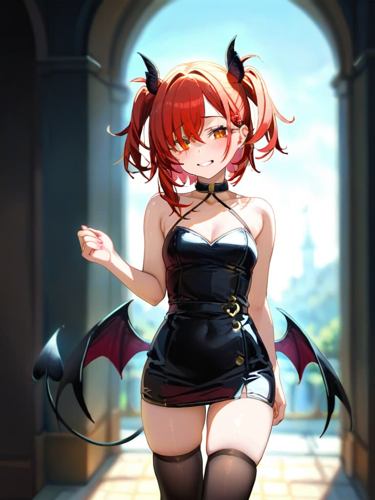  (masterpiece,top quality),fantasy warld atmosphere,outdoors,old demon castle,solo,girl,demon girl,blond,two side up,long bangs,hair over one eye,glossy lips,crimson lips,puffy lip,evil grin,wince,nose blush,pointy ears,demon wing,black wings,feather wings,demon tail,cute tail,demon dress,patent leather dress,tight dress,thighhighs,patent leather legwear,zettai ryouiki,hand up,salute,hand down,grab own clothes,