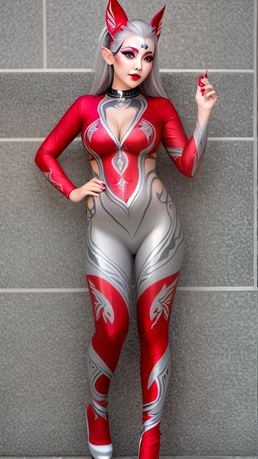  Full body red and silver flame pattern body paint,silver body paint on the whole body,grey face paint on the face, elf, full body image 女性